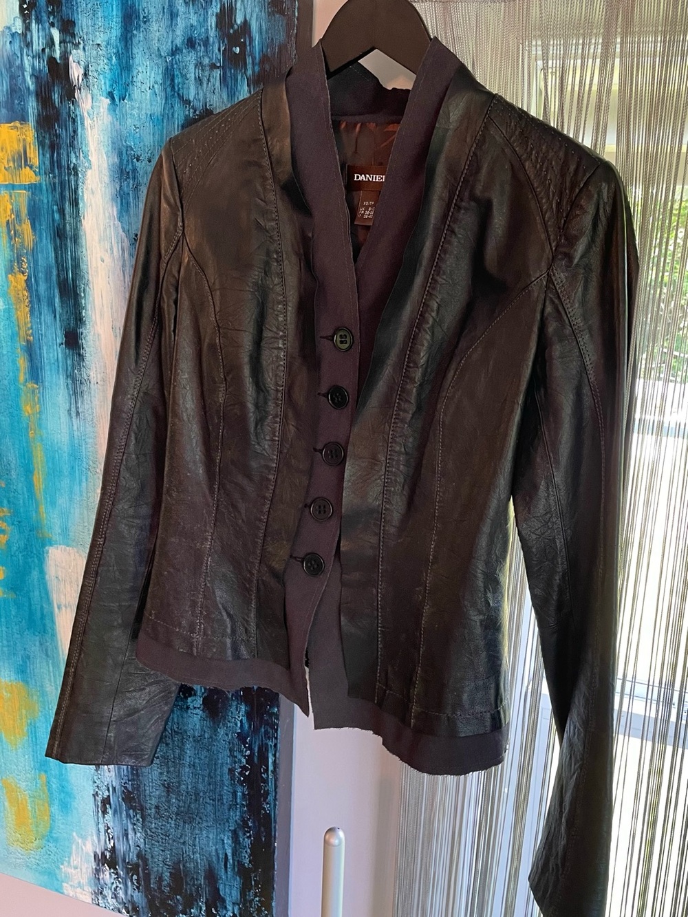 Danier Black Leather Button-Front Women's Jacket with Knit Trim